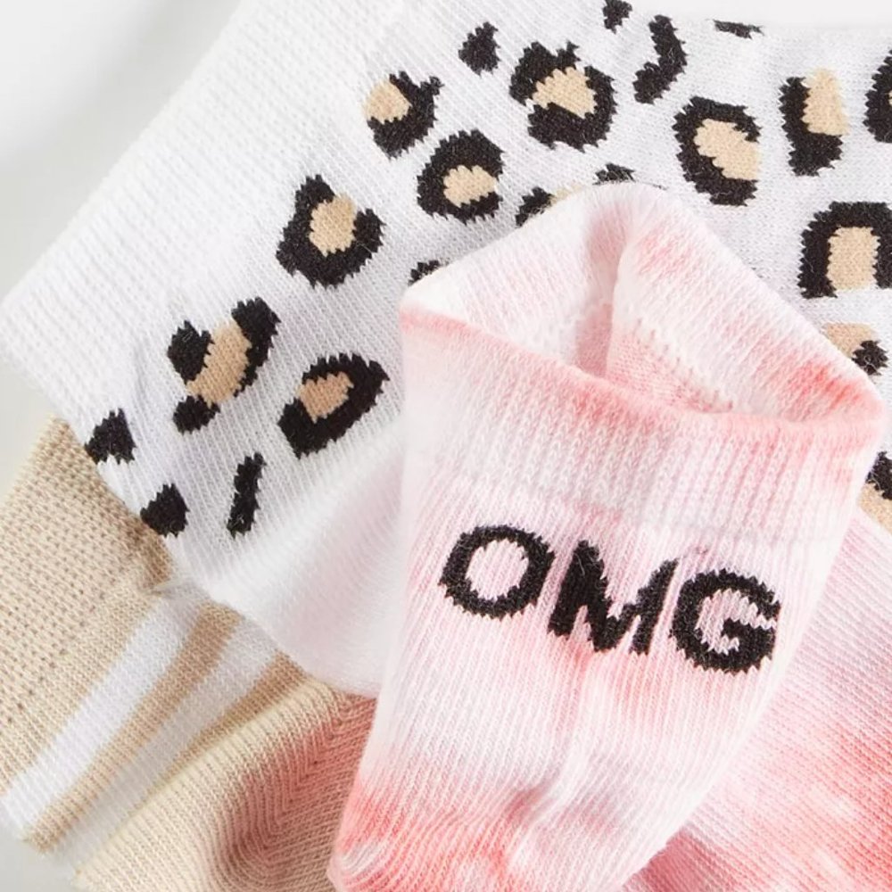 3PK No Show Jenni Women's Socks: Tan/Stripe, Leopard, Pink Tie Dye